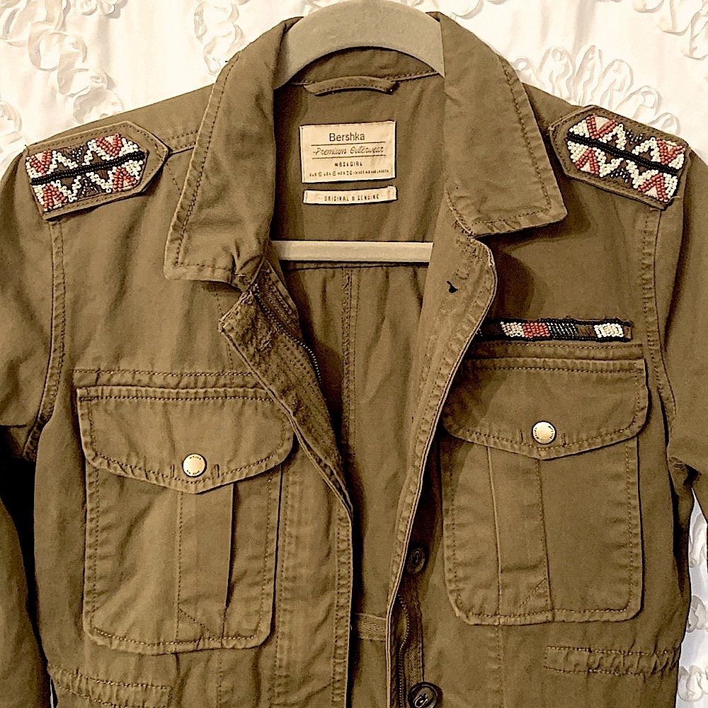Bershka Military Jacket Beaded Embellishments Pockets Button and Zip Up S